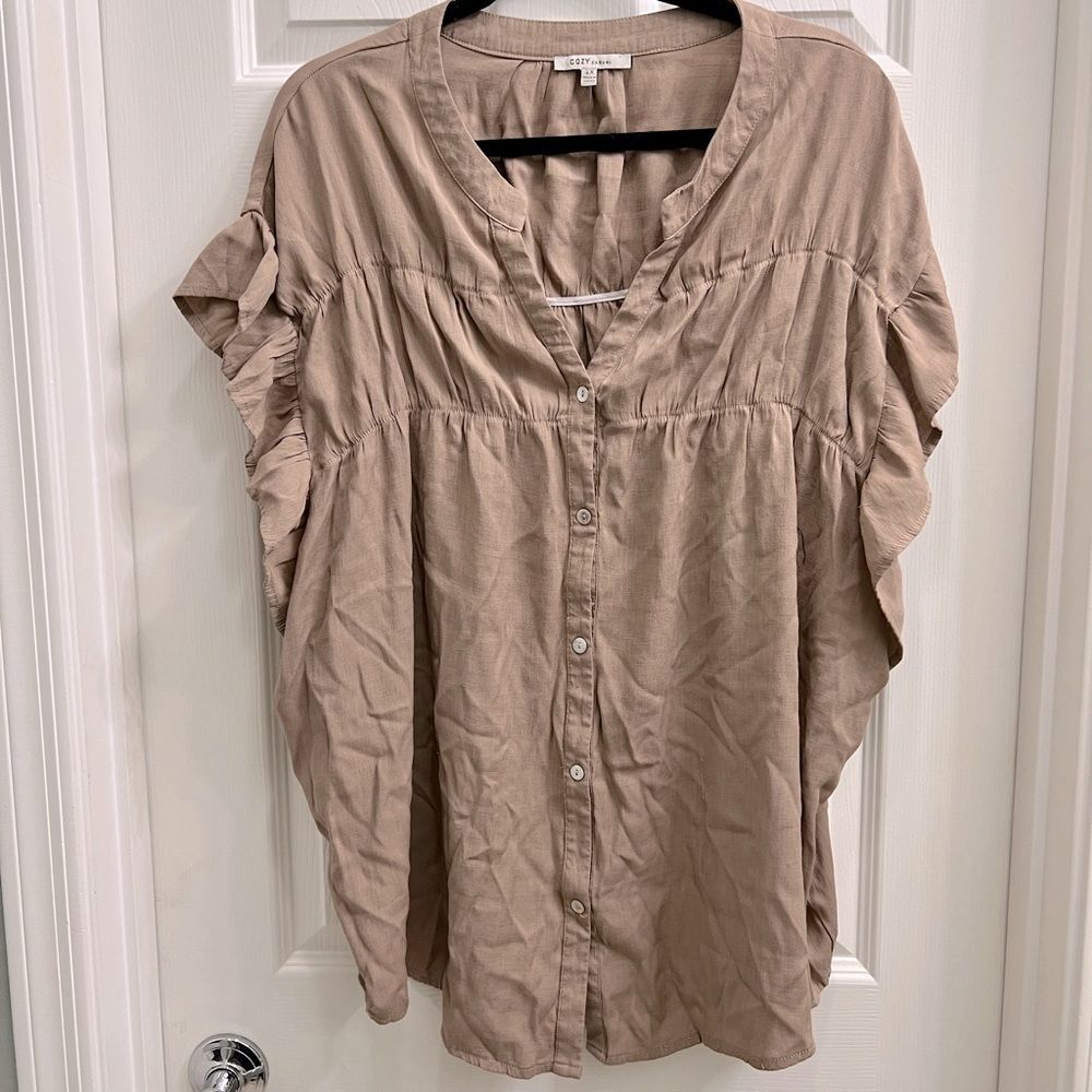 Cozy Casual Rare Moments Button Down Ruffle Sleeve Top  0038
